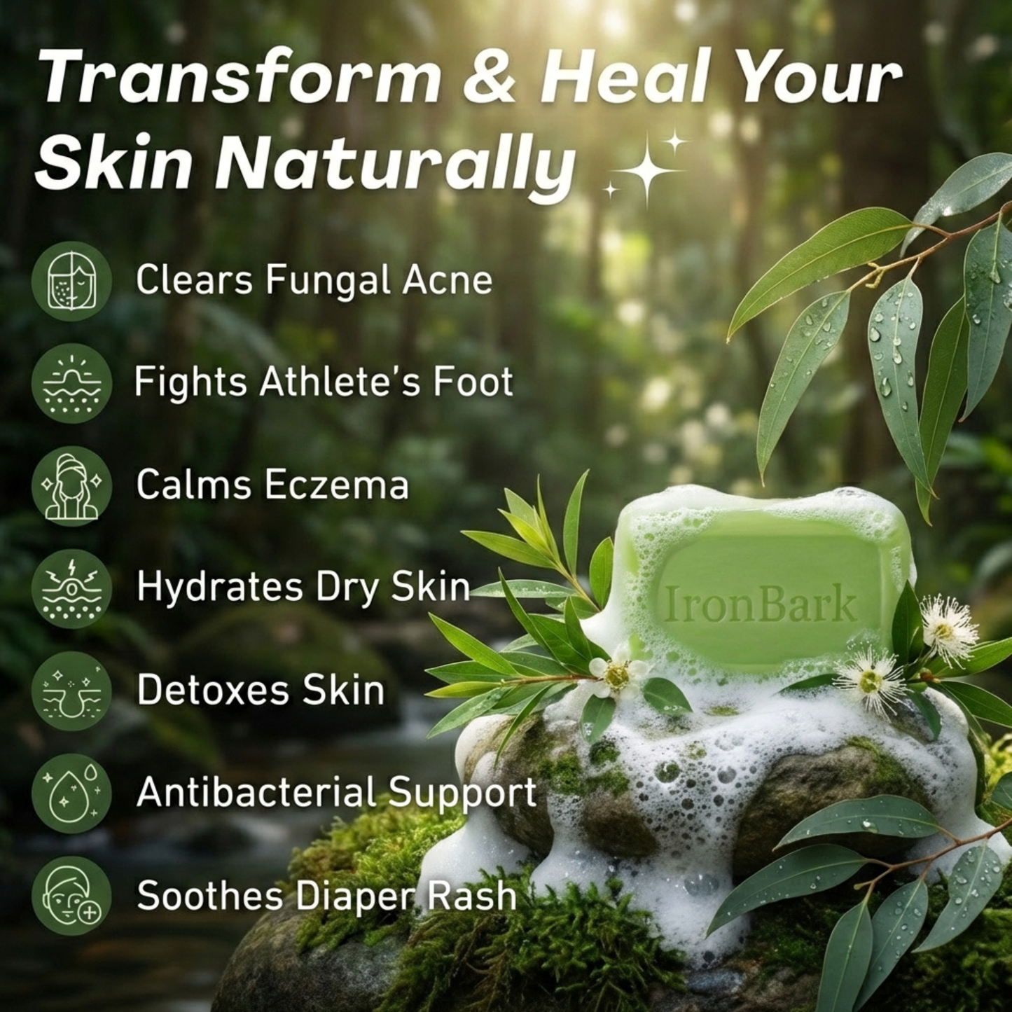 NAIA Ironbark Antifungal Soap Bar with natural ingredients, showing the soap's textured surface and packaging.