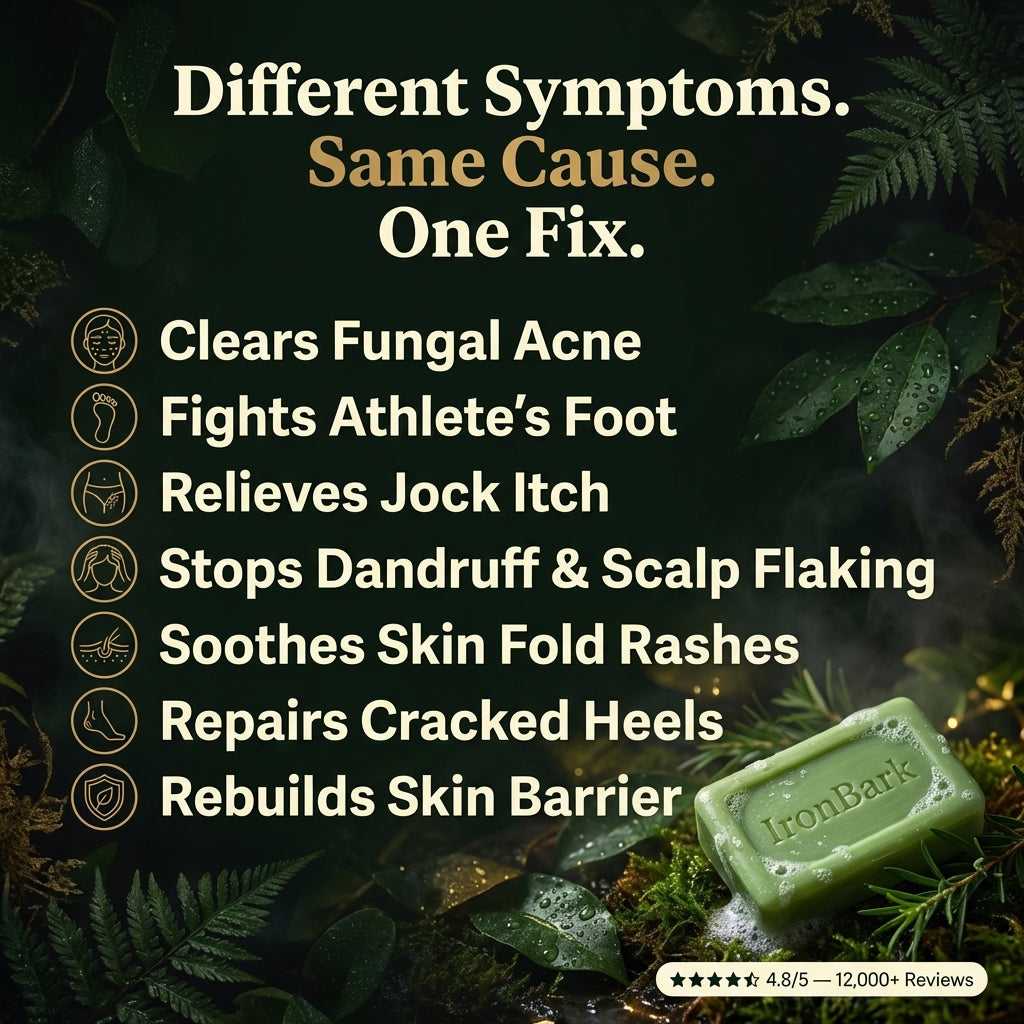 NAIA Ironbark Antifungal Soap Bar with natural ingredients, highlighting skin health and fungal prevention benefits.