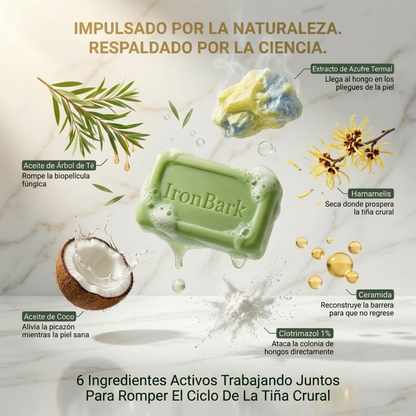NAIA Ironbark Barra De Jabón Anti Hongos soap with ironbark extract, showing the soap bar with packaging and natural ingredients.