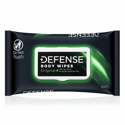 NAIA On-the-Go Defense Wipes in a portable pack, designed for convenient personal hygiene and protection.
