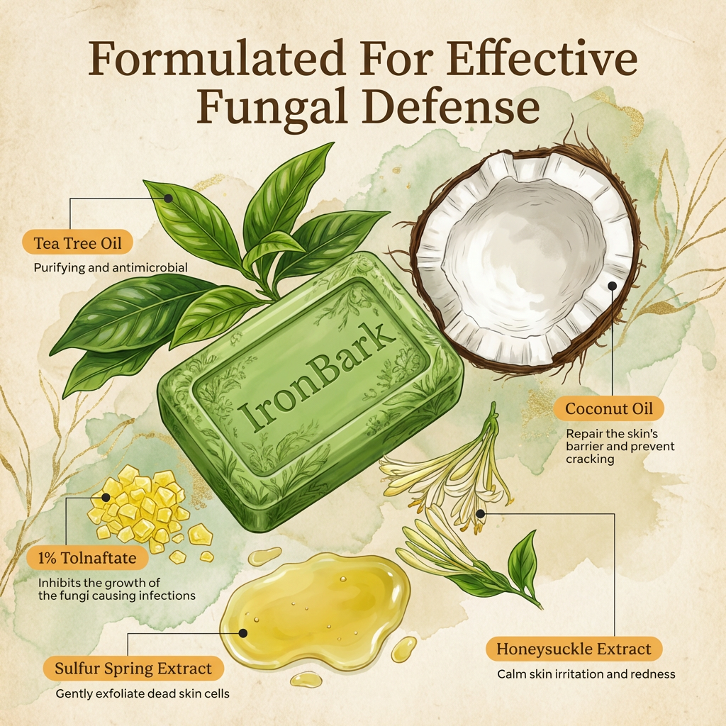 NAIA Women's Ironbark Antifungal Soap Bar with natural ingredients, shown with the soap bar in a close-up image.