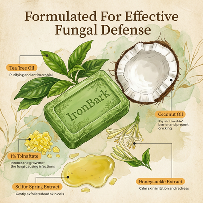 NAIA Women's Ironbark Antifungal Soap Bar with natural ingredients, shown with the soap bar in a close-up image.