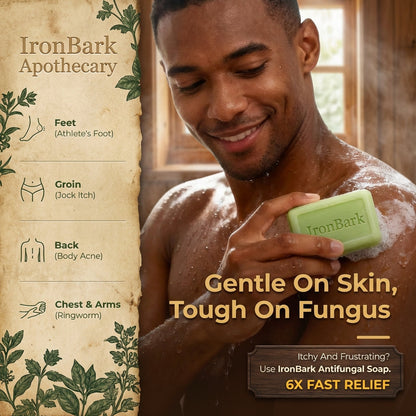 Ironbark Antifungal Soap Bar for Men by NAIA, shown in packaging with the soap bar and branding.
