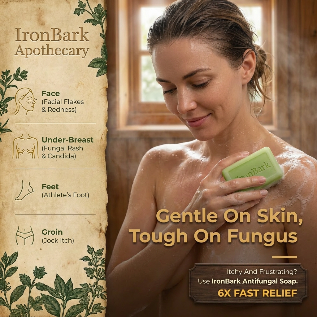 NAIA Women's Ironbark Antifungal Soap Bar with natural ingredients, shown in a close-up image.