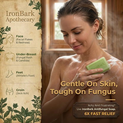 NAIA Women's Ironbark Antifungal Soap Bar with natural ingredients, shown in a close-up image.